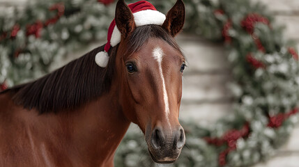 Festive horse wearing a Santa hat in a holiday setting