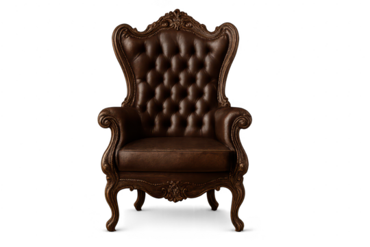 Luxurious brown leather armchair isolated on transparent background, antique style