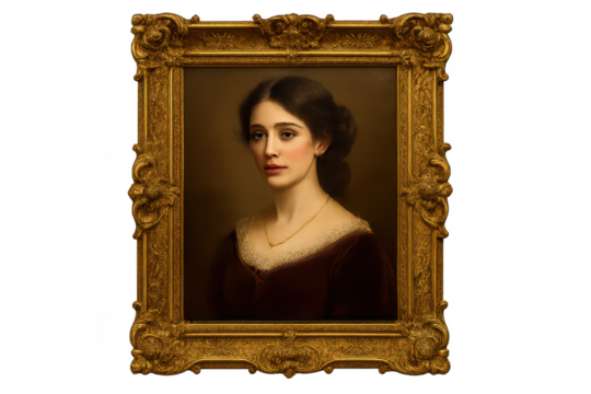 Isolated antique portrait of a woman in golden frame on transparent background - Powered by Adobe