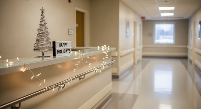 Happy Holidays sign and festive decorations in a quiet, empty hospital or clinic hallway during the holiday season