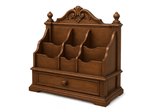 Ornate wooden mail organizer isolated on transparent background, rustic style