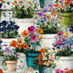 Vibrant Alabaster White painted background adorned with Tangerine Orange and Fuchsia Pink potted flowers, perfectly textured for adobe photoshop digital art projects.