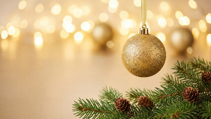Golden Christmas Bauble Hanging over Pine Branches with Bokeh Lights Background
