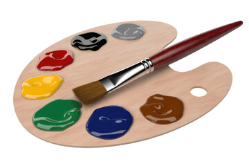 Artist's wooden palette with multiple colorful paint blobs (red, yellow, green, blue, brown, black, grey) and a paintbrush. background removed