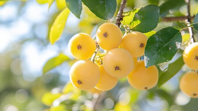 Golden Apples on Branch: A cluster of ripe, golden apples hangs gracefully from a branch, illuminated by the soft, diffused sunlight that creates a dreamy, aesthetic effect.