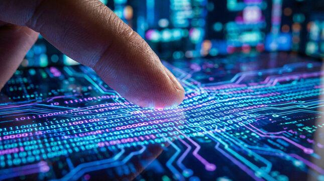Close-up of a human finger interacting with a glowing stream of digital data and binary code in a futuristic blue and purple virtual reality environment.