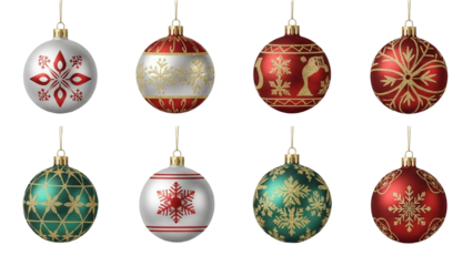 Eight festive Christmas baubles with various patterns and colors, hanging against a white background.
