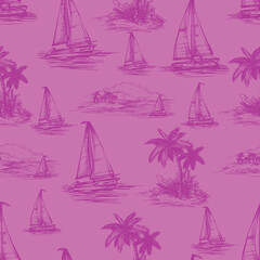 Tropic toile island scene with palm trees boats vintage drawing vector seamless pattern