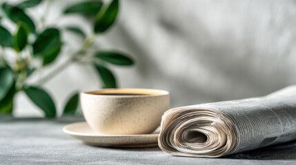 Serene morning setup with a warm cup of coffee on a saucer beside a neatly rolled newspaper and soft natural light enhancing the peaceful atmosphere