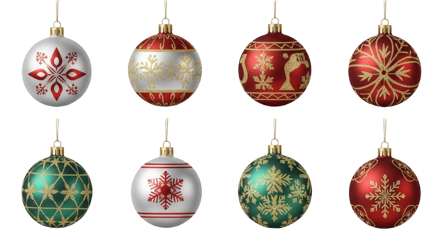 Eight festive Christmas baubles with various patterns and colors, hanging against a white background.