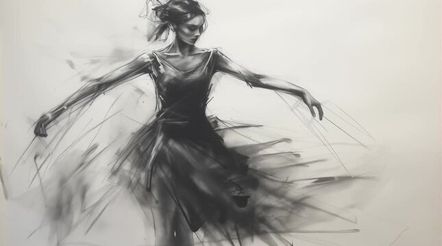 animated active dancing lady, dance in a party mood, black and white charcoal sketch video clip in white background 
