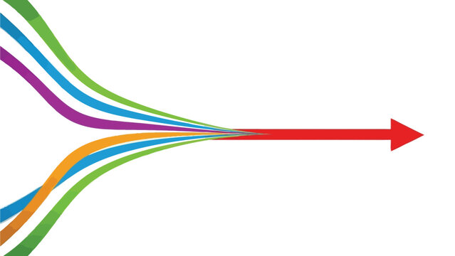 Multiple colored lines converge into a single red arrow pointing to the right, symbolizing integration and direction on a white background.