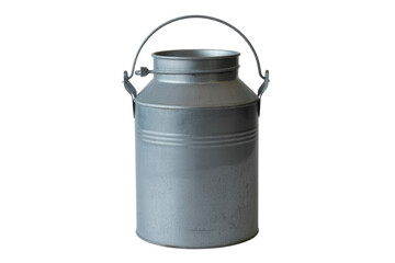 A vintage, weathered metal milk can with a carrying handle, commonly used for transporting dairy, presented on a plain background. background removed