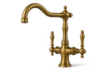 Vintage brass faucet with two handles, isolated on transparent background