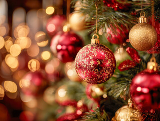 Festive decorated tree with sparkling red and gold ornamental baubles and warm glowing lights creating a cozy holiday atmosphere indoors