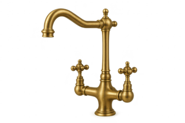 Brass kitchen faucet with cross handles, isolated on transparent background.
