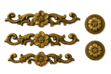 Intricate golden antique floral ornaments isolated on transparent background design
