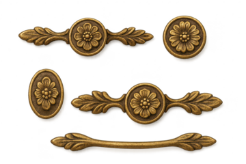 Ornate antique brass handles and decorative elements isolated on transparent background