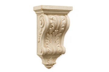 Ornate architectural corbel featuring carved acanthus leaves, isolated on transparent background
