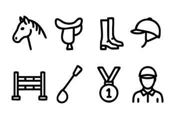 Obraz premium Equestrian sport line icons — horse, saddle, and other riding and show jumping gear — stock vector.