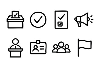 Voting and election line icons — ballot box, vote check, and other political process symbols — stock vector.