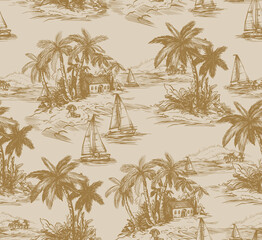 Tropic toile island scene with palm trees boats vintage drawing vector seamless pattern