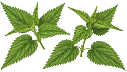 Illustration of two nettle plants with green leaves on a white background.