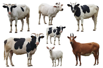 Fototapeta premium Diverse livestock including black and white cows, a pure white cow, a calf, and a unique brown antelope, all isolated. background removed