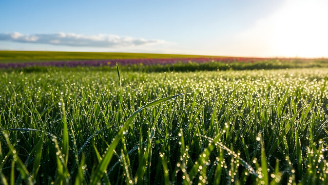 Lush green grass blades covered in sparkling morning dew drops under a clear sky and golden sunlight