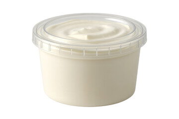 A clear plastic tub filled with smooth, white, creamy dairy product like yogurt or sour cream, featuring a transparent lid, isolated on a transparent background. background removed