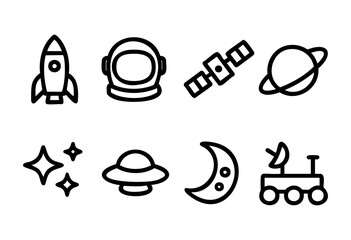 Space exploration and astronomy line icons — rocket, astronaut helmet, satellite, planet — stock vector.
