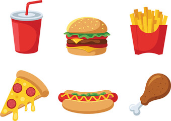 Tasty fast food collection featuring burger, fries, soda, pizza slice, hot dog and fried chicken in colorful modern style, flat vector illustration