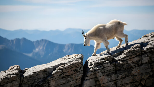 Mountain goat carefully navigating a rugged rocky ridge with a vast mountain range landscape in the background.
