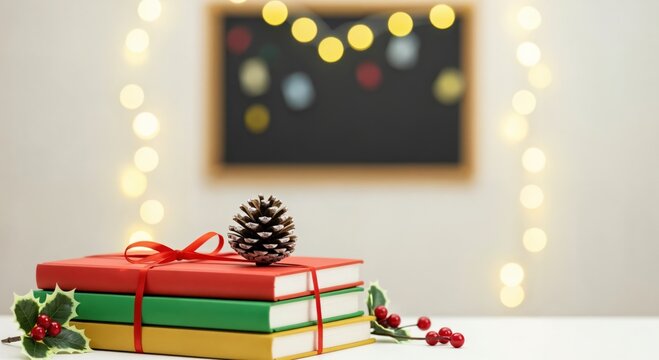 Festive stack of colorful books tied with a red ribbon and pinecone, adorned with holly berries, set against a blurred background of warm holiday string lights and a chalkboard.