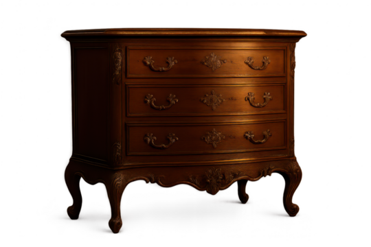 Elegant antique wooden chest of drawers, isolated on transparent background