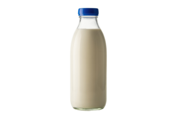 A full glass bottle of fresh, white milk with a vibrant blue cap, isolated cleanly on a solid transparent background. background removed