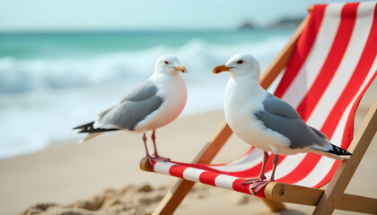 Two seagulls sitting on a red-and-white striped deckchair at the beach, with soft sand in the foreground and the calm sea in the background. A playful, summery coastal scene that captures seaside, ad