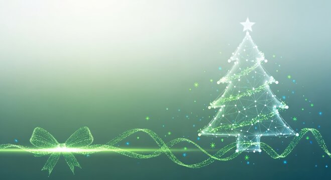 Abstract glowing polygonal Christmas tree with a star and sparkling gift bow, connected by a wavy light trail on a gradient green background, modern holiday celebration design - Powered by Adobe