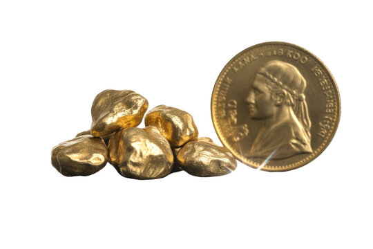 A gleaming gold Krugerrand coin stands beside a pile of natural gold nuggets, symbolizing wealth, investment, and precious metals. background removed
