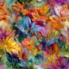 Abstract floral painting featuring a vibrant array of petals rendered in rich Vibrant Orange, radiant Golden Yellow, and cool Electric Blue tones, meticulously crafted using advanced adobe photoshop t