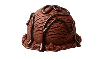 A scoop of chocolate ice cream with chocolate syrup drizzled on top, isolated on white.