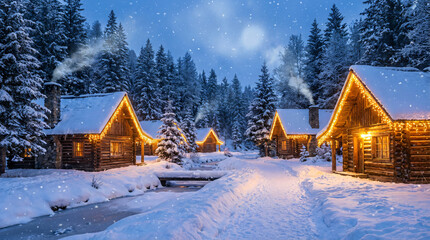 Fototapeta premium Cozy wooden cabins nestled in a snowy pine forest illuminated by warm golden Christmas string lights during a magical winter twilight.