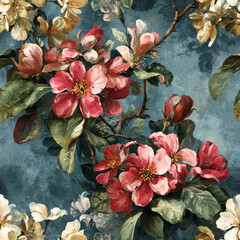 Vibrant vintage floral tapestry showcasing blooming Crimson Red and Pale Pink flowers intertwined with lush green leaves, all set against a rich Deep Teal textured background, perfect for digital art 