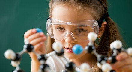 Girl exploring science with a molecular model and safety goggles during activity
