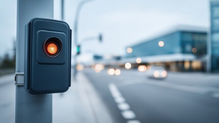 Pedestrian crossing button with unresponsive red indicator under cool evening street light.