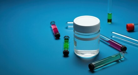 Laboratory glassware and vials on a bright blue bench for a clean setup