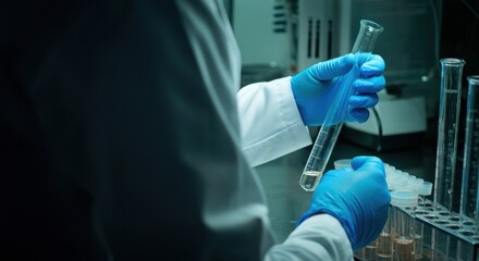 Lab scientist holding a test tube in a sterile clinical laboratory environment