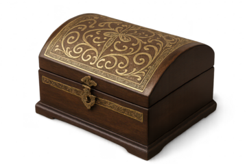 Elegant antique wooden chest with ornate brass details isolated on transparent background