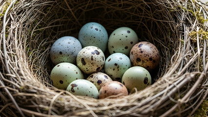 Obraz premium Ten speckled bird eggs resting snugly inside a carefully woven natural nest made from twigs and moss