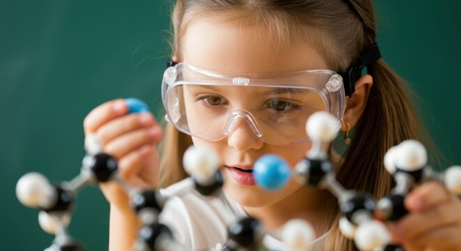 Girl exploring science with a molecular model and safety goggles during activity